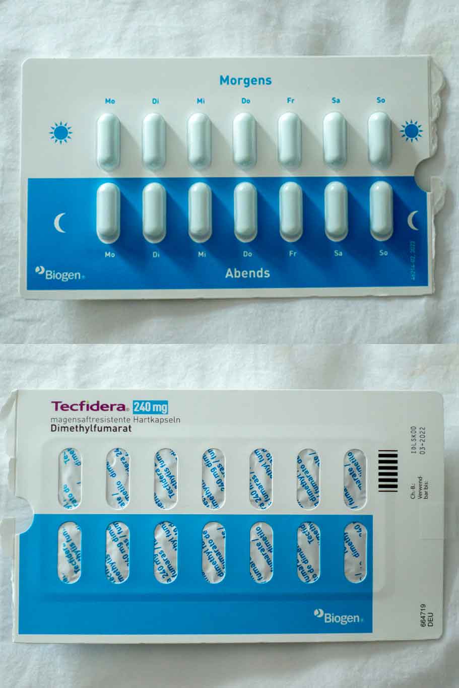Man sieht 14 Tecfidera Pillen die in ihrer Originalverpackung sind